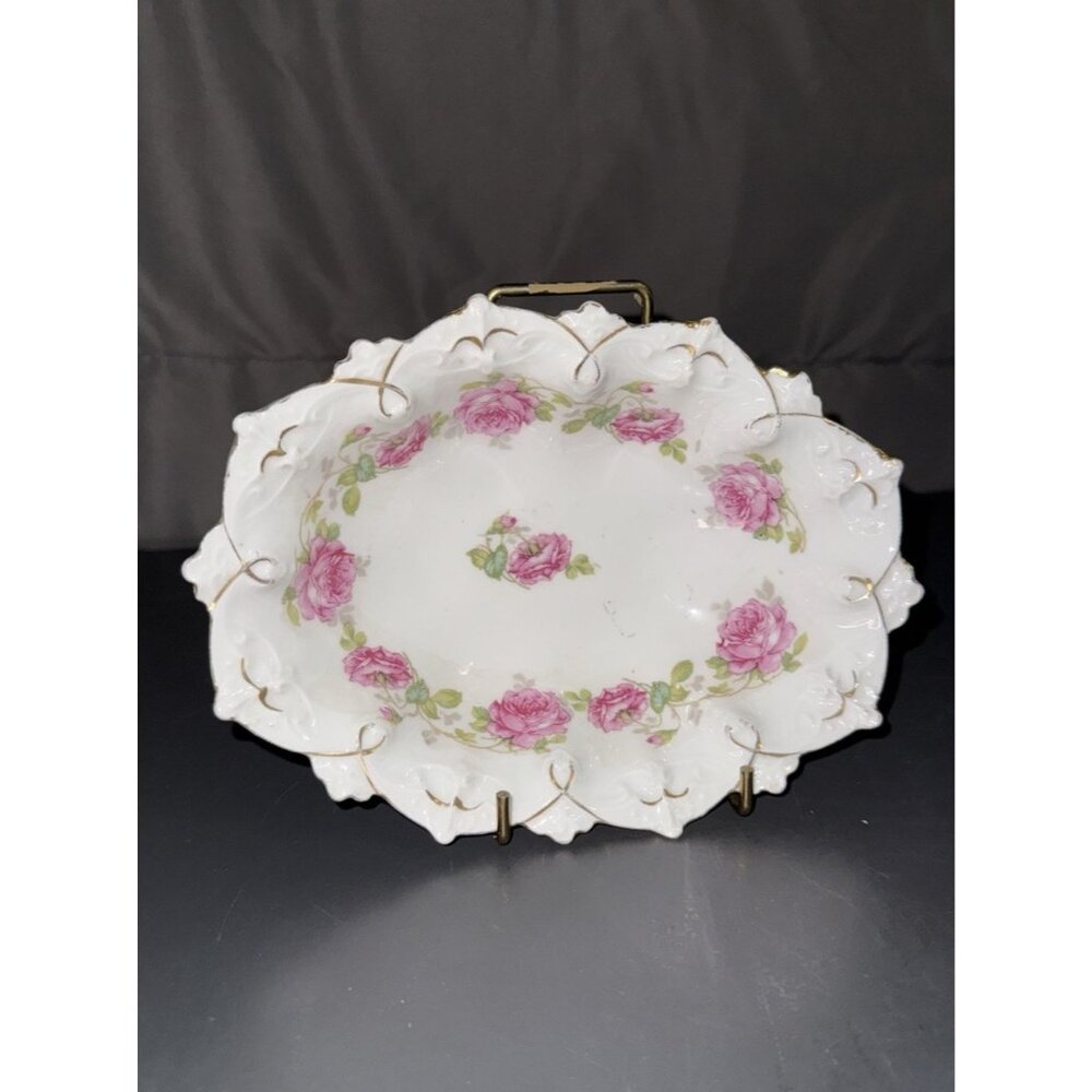 Antique MZ Austria Plate Decorative Oval Ruffle Edge Roses Gold Back Mark
